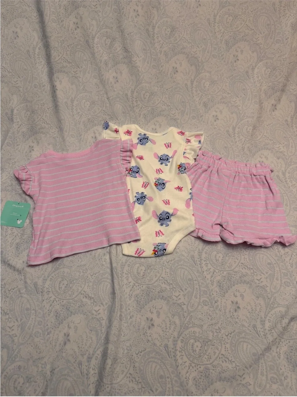 Disney Baby Infant 3 piece shorts outfit featuring baby Stitch and Scrump